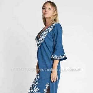 Vestido largo bohemio de estilo caftán para verano, manga larga bordada y mangas con volantes, vestido perfecto para la playa, 3/4 - Product Image 2