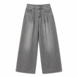 Jean en denim délavé taille haute pour femme, coupe ample, jambe large, longueur intégrale, en coton, décontracté, avec plis sur le devant, idéal pour le printemps, OEM ODM - Product Image 4