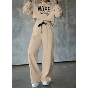 Completo due pezzi da donna a maniche lunghe con stampa '<span class=keywords><strong>Nope</strong></span>' e vita a costine, 29365 - Beige - Product Image 1