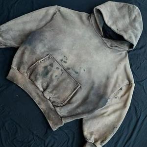 Sweat à capuche 100% coton en polaire pour hommes 350gsm personnalisé chaud Batik lavé à l'acide Streetwear strass bouton col pull surdimensionné haut - Product Image 3