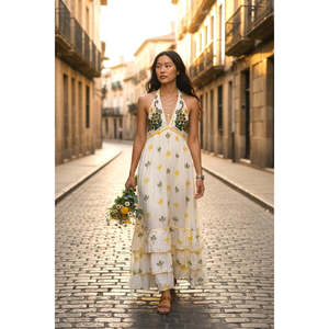 Vestido Maxi Boho Floral Verde Blanco con Cuello Halter de Viscosa - Product Image 1