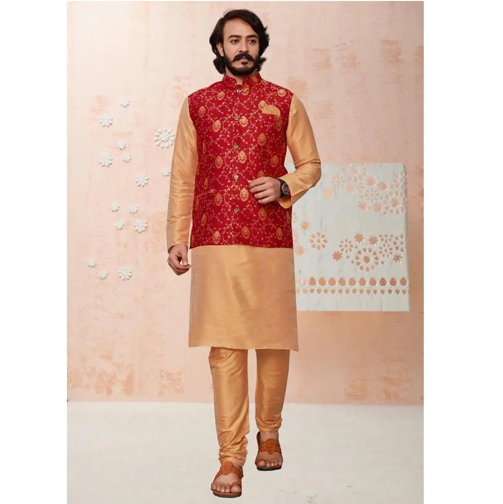 Best Quality Wedding Wear Causal Silk Men Kurta Pajama with Printed Jacket for Export of Kurta Pajama 2024 Modi Jacket
