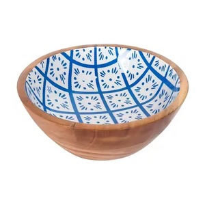 Bol en bois de manguier avec motif floral d'arbre, design classique, vaisselle de décoration de table, design imprimé en émail à l'intérieur du bol - Product Image 2