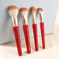 Ensemble de 10 pinceaux de maquillage avec manche en bois et strass rouges, poils synthétiques doux, virole dorée, pour fond de teint, blush et fard à paupières