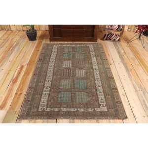 3.9x5.7 ft Turkish Rug, Vintage Rug, <b>Brown</b> Ikat <b>Wool</b> Rug - Product Image 1