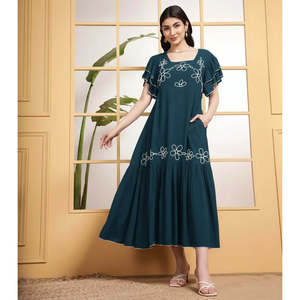 Deebaco Women's A-Line Teal Viscose Maxi <b>Dress</b> With White Floral Embroidery Ruffle Sleeves Scoop Neck Boho <b>Loose</b> Fit Summer - Product Image 6
