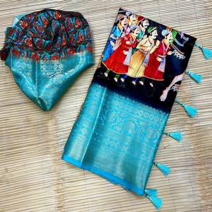 Sari VASTRA COTTAGE de Seda Pura de Lichi con Estampado Digital Kalamkari Pichwai, Borde de Zari Enriquecido, Tejido con Elegantes Borlas y Blusa - Product Image 1