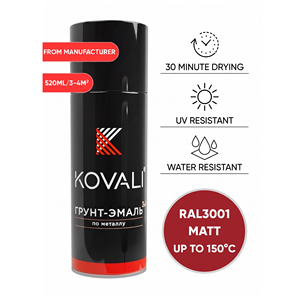 KOVALI 3 in 1 Aerosol Spray <b>Primer</b> Enamel Anti-Rust Corrosion Protection Metal Wood Concrete <b>Matt</b> Signal Red RAL 3001 520ml - Product Image 1