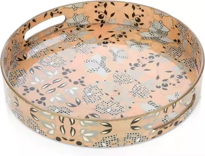 Bandeja de servicio con estampado floral de madera, diseño de cortes con mango, esmalte redondo, aspecto brillante - Product Image 4