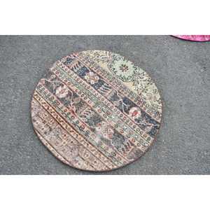 Alfombra Turca Redonda de 3.2x3.2 pies, Alfombra Vintage, Alfombra de Lana con Diseño de Plantas y Árboles en Azul y Marrón - Product Image 4