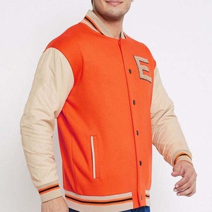Veste bomber varsity pour homme, en laine, manches en cuir, col montant, légère, boutons, design à patch - Product Image 2