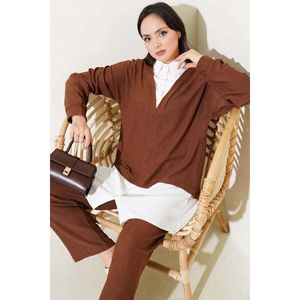 Tunique Chemise en Crêpe Garnie Ensemble 2 Pièces Marron - Product Image 1