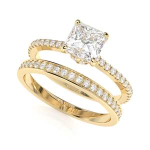 Princess Cut Diamond Hidden Halo con acentos Conjunto nupcial Anillo de bodas para mujer - Product Image 5