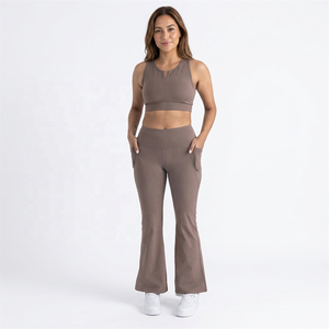 High Waist Flared Leg <b>Yoga</b> <b>Pants</b> With Pockets Solid Color Full Length Elastic Waist Spandex Polyester Four-Way Stretch - Product Image 4