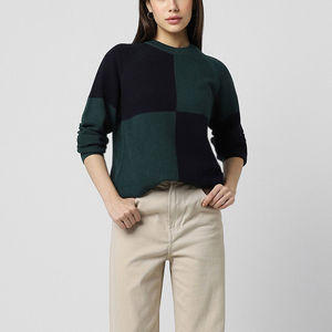 Pull en cachemire fait main pour femme, coupe classique décontractée, col rond, tricot côtelé, motif de logo sur le devant, anti-boulochage - Product Image 6