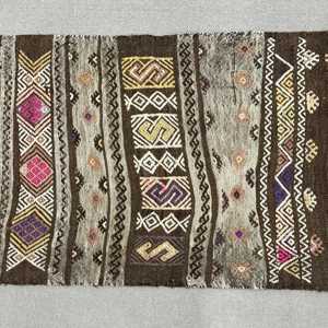 Vintage Turkish Rug, Small 2x3.3 ft (60x100 cm) Rug, <b>Brown</b> Abstract <b>Wool</b> Rug - Product Image 3