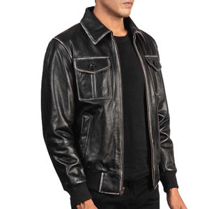 Chaqueta de cuero personalizada de alta calidad para hombre, chaqueta de invierno transpirable de cuero genuino con capucha frontal de diseño Vintage para venta al por mayor - Product Image 4