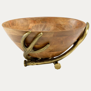 Bol de service en bois fait à la main avec design de feuille poignée en aluminium moderne vaisselle de qualité pour les ornements de mariage ou de cuisine - Product Image 3