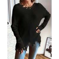 Pull décontracté pour femme à col en V avec bordure à franges et détails brodés boutonnés