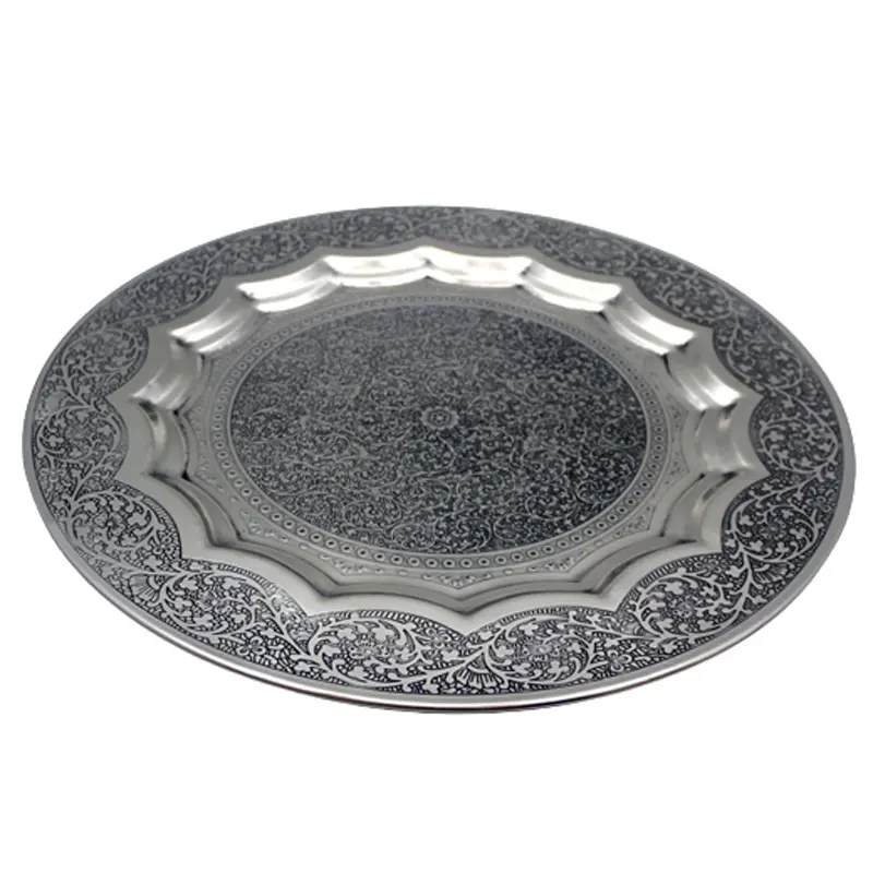 Metal Round Shape Serving Plate Nickel Antique Color Plate Dish And Tray For Serving Food In Restaurant Handcrafted