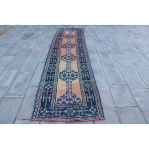 Turkish Vintage Rug, 2.8x12.8 ft <b>Runner</b> Rug, Blue <b>Red</b> Persian Rug - Product Image 1