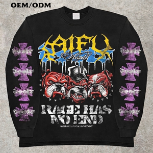 T-shirt Personalizzata Vintage Oversize in Cotone Pesante con Grafica Bulldog, Manica Lunga, Streetwear da Uomo per Hip Hop - Product Image 1