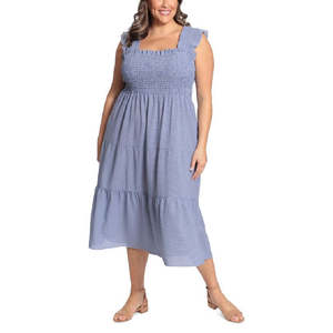 Abito Midi da Donna London Times Blu a Quadretti con Collo Quadrato, Vita Elasticizzata, Stile Elegante e Traspirante, Taglie XS-XL - Product Image 1