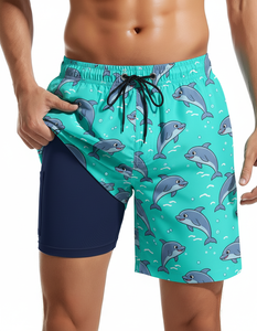 2 in 1 Quick Dry Men's Floral Printed <b>Board</b> Shorts Wholesale Mid Waist Compression Liner Woven Fabric Swim Trunks Street Style - Product Image 2