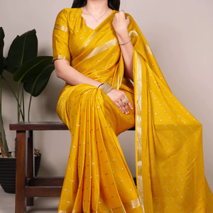 Sari en soie crêpe pure de designer avec un travail de tissage lourd, franges, style traditionnel, mariage, haute qualité, fabriqué en Inde, en stock - Product Image 1