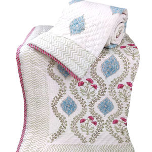 100% Cotton Traditional Handcrafted <b>Queen</b> <b>Size</b> <b>Quilt</b> Hand Block Printed Reversible Comfortable Lightweight Simple Winter Style - Product Image 1