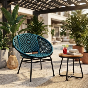 Fauteuil d'appoint d'extérieur tressé bleu sarcelle avec structure en métal noir, chaise de salle à manger en corde géométrique, chaise longue de patio, décoration artistique - Product Image 2