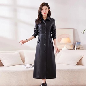 Femmes Long automne hiver manteau simple boutonnage décontracté Trench col rabattu imperméable en cuir fendu pardessus nouveau tricoté - Product Image 6