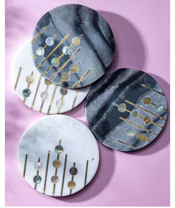 Home Decoration Marble <b>Coaster</b> Gray And <b>White</b> Stone Mother Of Pearl Inlay And Brass <b>Coaster</b> - Product Image 1