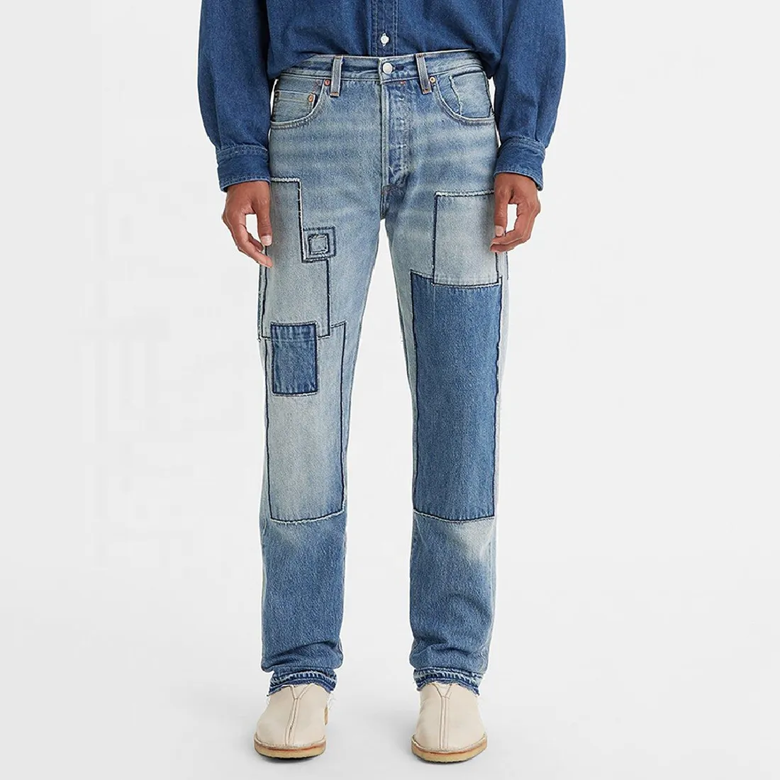 Jeans pola pakaian jalanan bermotif Logo klasik High Rise perca ramping untuk pria harga grosir