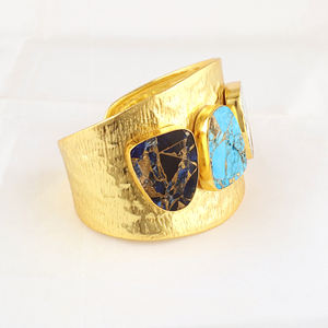 Bohemian jewelry mohave copper turquoise gemstone open <b>cuff</b> <b>bracelet</b> brass 18k gold plated hammered texture wide band <b>bracelet</b> - Product Image 5