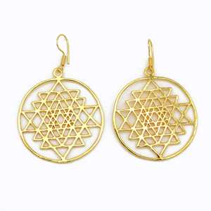 Fashionable Brass Shri Yantra <b>Dangle</b> <b>earring</b> 18k <b>Gold</b> Plated Geometric Drop <b>Earring</b> Statement Mandala Sacred Handmade Wholesale - Product Image 1