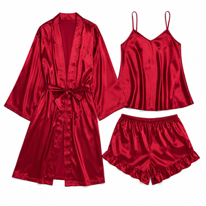 Women’s Satin 3 Piece Pajama Set Kimono Robe <b>Spaghetti</b> Strap Camisole Ruffle Shorts Luxury Silk Feel Bridal Sleepwear Summer Lou - Product Image 1