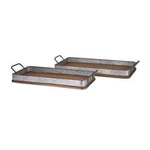 Juego de 2 Bandejas para servir de metal galvanizado y madera con asa Diseño elegante Platos de comida rápida duraderos Base plana de cuidado hecho a mano - Product Image 1