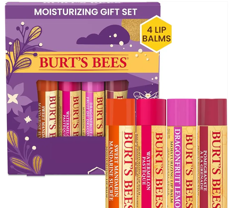 Burt's Bees Christmas Gifts, 4 Lip Balm Stocking Stuffers Products, Beeswax Bounty Set