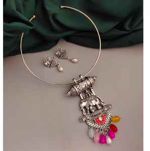 Conjunto de collar de pendientes Hasli de elefante multicolor oxidado para mujer, encanto tradicional Vintage indio, Envío Gratis hecho de latón - Product Image 2