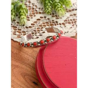 Navajo Handmade <b>Red</b> Coral & Sterling Silver Fashion Cuff <b>Bracelet</b> - Product Image 3