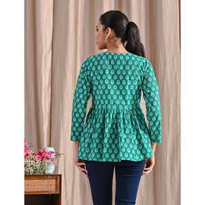 Top Peplum Verde de Algodón con Estampado Jaipuri, Transpirable, Cintura Imperio, Estilo Casual - Product Image 5