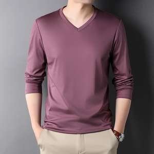 Camiseta Nueva 100% Algodón con Cuello en V, de Alta Calidad, Lisa, Informal, de Punto, para Hombre, de Manga Larga, Color Sólido, Transpirable - Product Image 3