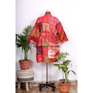 Robe de chambre kimono en soie indienne multicolore, style Kantha, vente en gros, vêtements de nuit, couleur rouge, patchwork fait main, robe longue maxi - Product Image 6