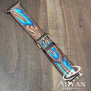 Factory Wholesale Low Rate Hand Tooled Leather Watch Bands Pin <b>Buckle</b> Feather Tooled Painted Cowhide Leather Watch <b>Straps</b> - Product Image 1