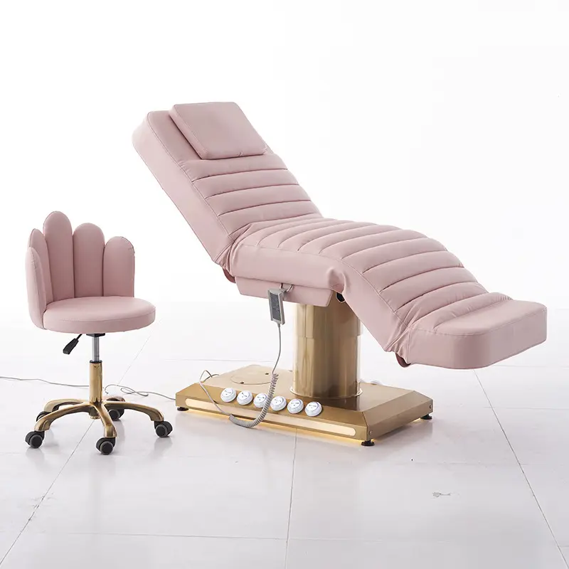 Lit de spa de salon en cuir tufté rose de luxe, équipement de beauté, table de massage cosmétique électrique à 3 moteurs avec éclairage LED