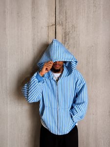 OEM Factory Streetwear Custom Cotton Polyester <strong>Cropped</strong> <strong>Boxy</strong> Zip up Stripe Hoodie <strong>Jacket</strong> for Men - Product Image 1