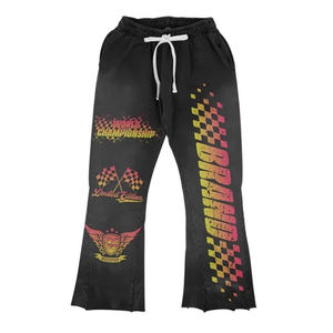 Venta al por mayor Zip up Vintage Hoodie chándal personalizado impreso lavado ácido acampanado pantalones de chándal y conjunto de Sudadera con capucha - Product Image 4