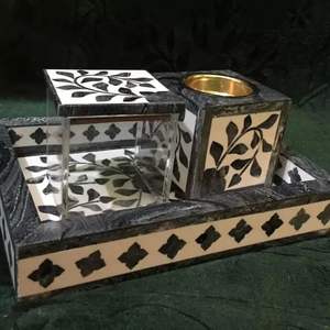 Ensemble de brûleurs d'encens en nacre faits à la main-Plateau incrusté et support avec accents en laiton - Product Image 4