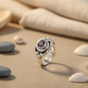 Anillo de Joyería Fina de Plata 925 con Baño de Rodio, con Piedra de Amatista Natural y Engaste de Bisel - Product Image 1